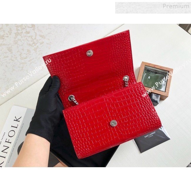 Saint Laurent Kate Small Chain and Tassel Bag in Crocodile Embossed Leather 474366 Red/Silver 2019 (KTSD-9083109)