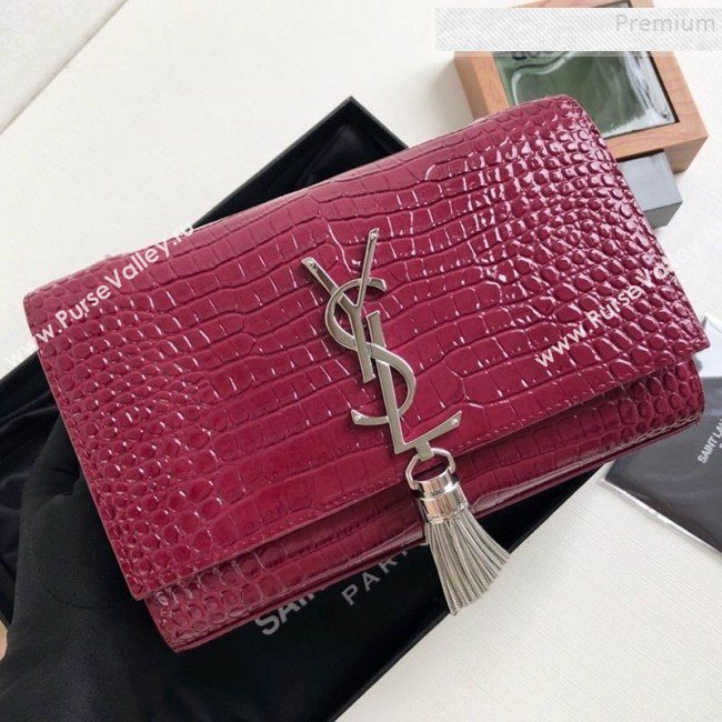 Saint Laurent Kate Small Chain and Tassel Bag in Crocodile Embossed Leather 474366 Purple/Silver 2019 (KTSD-9083110)