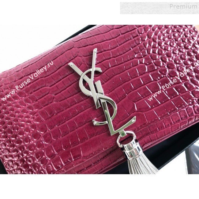 Saint Laurent Kate Small Chain and Tassel Bag in Crocodile Embossed Leather 474366 Purple/Silver 2019 (KTSD-9083110)