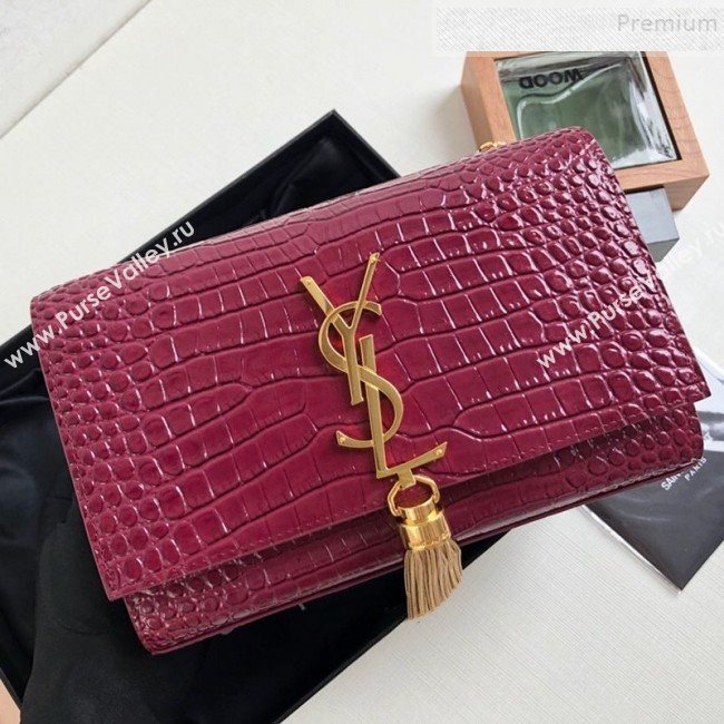 Saint Laurent Kate Small Chain and Tassel Bag in Crocodile Embossed Leather 474366 Purple/Gold 2019 (KTSD-9083111)