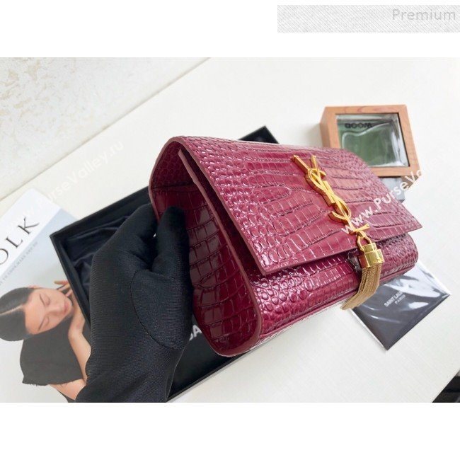 Saint Laurent Kate Small Chain and Tassel Bag in Crocodile Embossed Leather 474366 Purple/Gold 2019 (KTSD-9083111)
