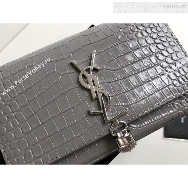 Saint Laurent Kate Small Chain and Tassel Bag in Crocodile Embossed Leather 474366 Grey/Silver 2019 (KTSD-9083112)