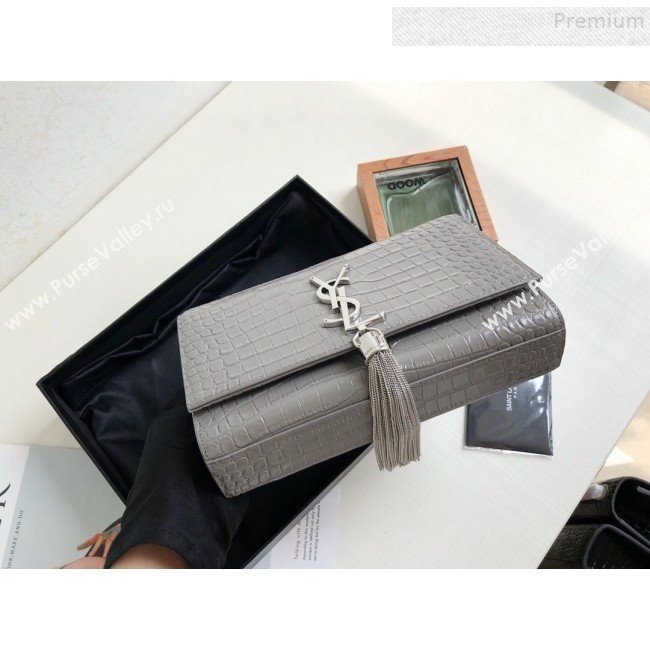 Saint Laurent Kate Small Chain and Tassel Bag in Crocodile Embossed Leather 474366 Grey/Silver 2019 (KTSD-9083112)