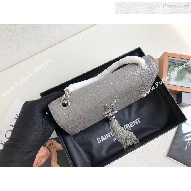 Saint Laurent Kate Small Chain and Tassel Bag in Crocodile Embossed Leather 474366 Grey/Silver 2019 (KTSD-9083112)