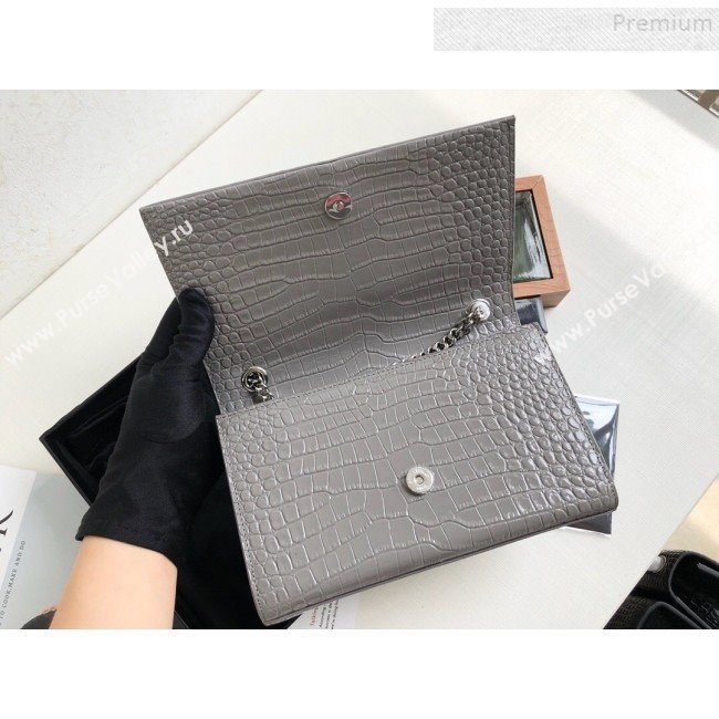 Saint Laurent Kate Small Chain and Tassel Bag in Crocodile Embossed Leather 474366 Grey/Silver 2019 (KTSD-9083112)