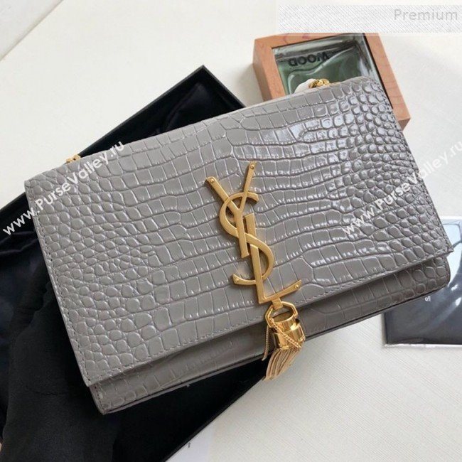 Saint Laurent Kate Small Chain and Tassel Bag in Crocodile Embossed Leather 474366 Grey/Gold 2019 (KTSD-9083113)