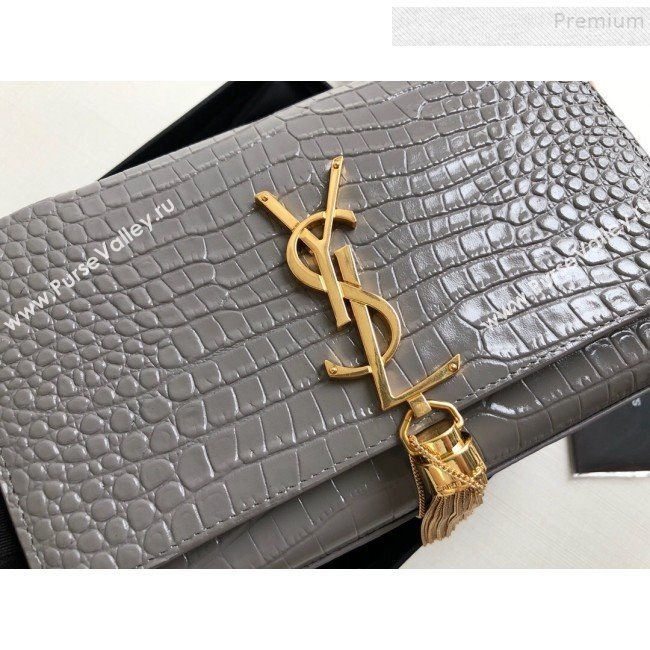 Saint Laurent Kate Small Chain and Tassel Bag in Crocodile Embossed Leather 474366 Grey/Gold 2019 (KTSD-9083113)