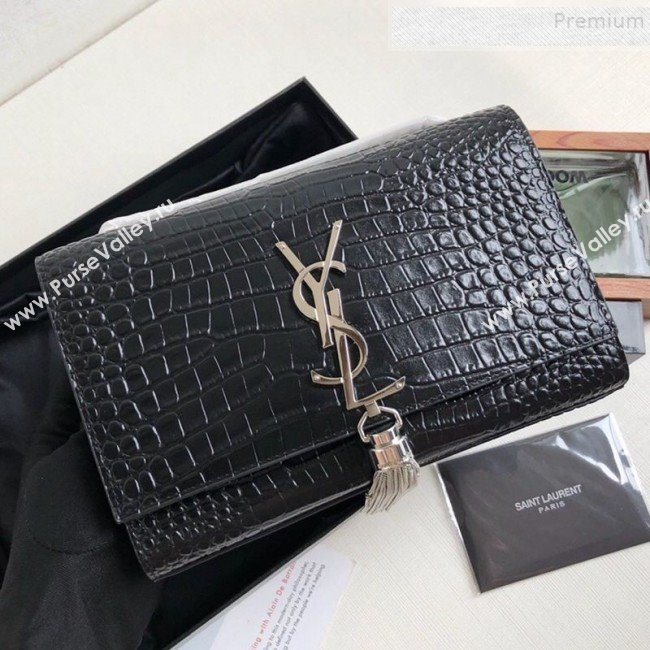 Saint Laurent Kate Small Chain and Tassel Bag in Crocodile Embossed Leather 474366 Black/Silver 2019 (KTSD-9083114)