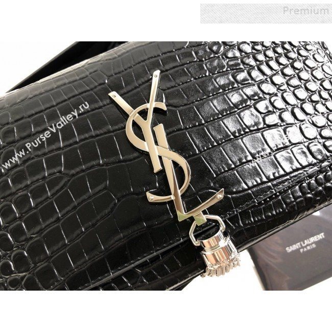 Saint Laurent Kate Small Chain and Tassel Bag in Crocodile Embossed Leather 474366 Black/Silver 2019 (KTSD-9083114)