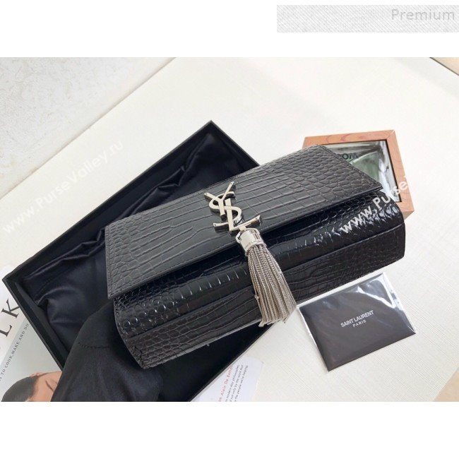Saint Laurent Kate Small Chain and Tassel Bag in Crocodile Embossed Leather 474366 Black/Silver 2019 (KTSD-9083114)