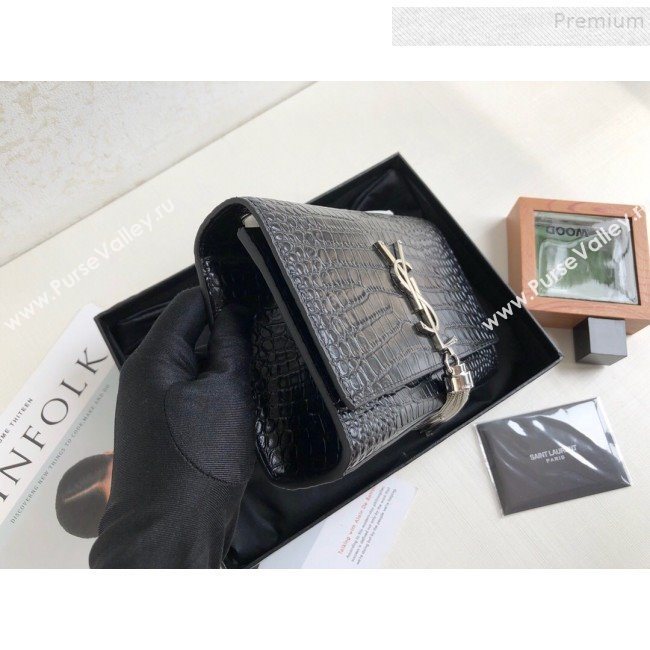 Saint Laurent Kate Small Chain and Tassel Bag in Crocodile Embossed Leather 474366 Black/Silver 2019 (KTSD-9083114)