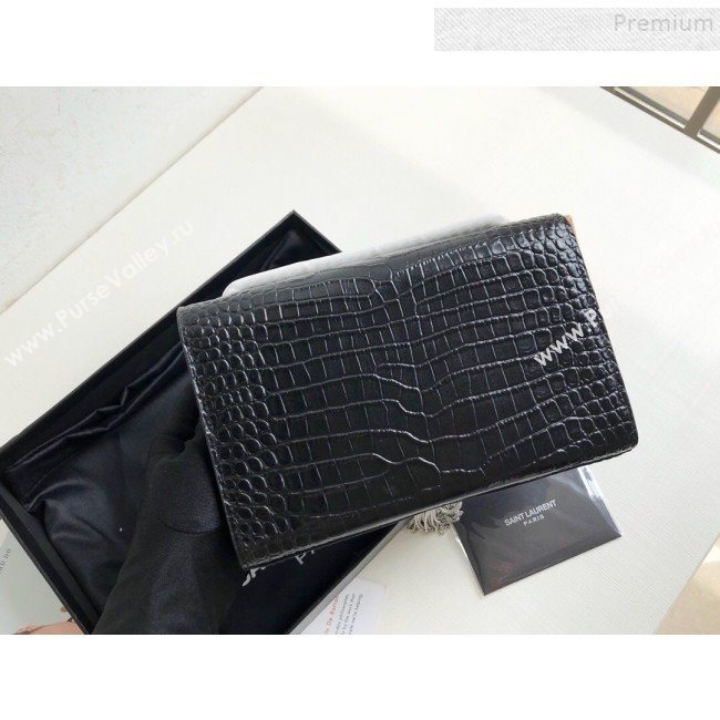 Saint Laurent Kate Small Chain and Tassel Bag in Crocodile Embossed Leather 474366 Black/Silver 2019 (KTSD-9083114)