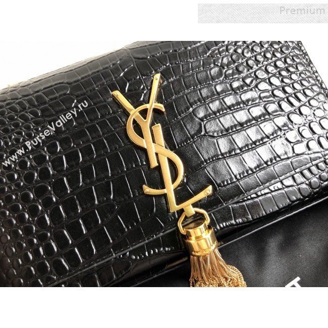 Saint Laurent Kate Small Chain and Tassel Bag in Crocodile Embossed Leather 474366 Black/Gold 2019 (KTSD-9083115)