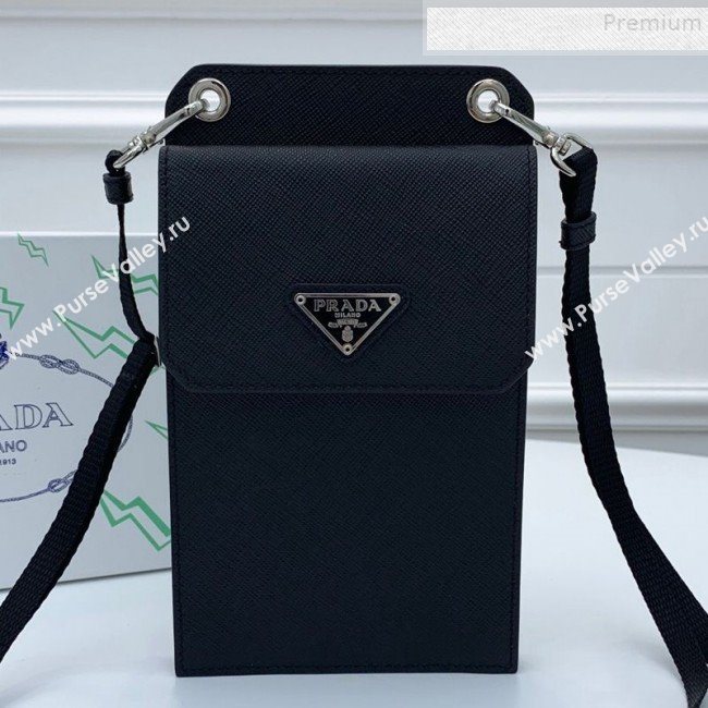 Prada Saffian Leather iPhone Holder Cluth Crossbody Bag Black 2019 (WEIP-9083116)