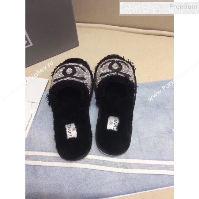 Chanel Fringe CC Crystal and Wool Flat Slide Sandals Black 2019 (KQN-9090304)