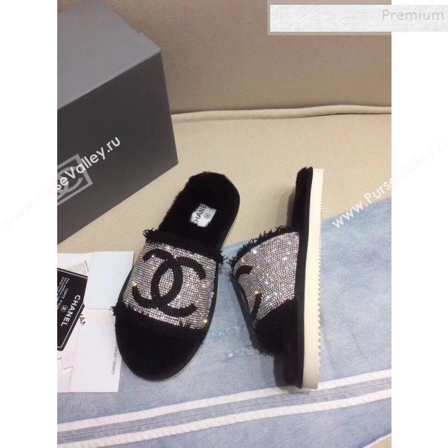 Chanel Fringe CC Crystal and Wool Flat Slide Sandals Black 2019 (KQN-9090304)
