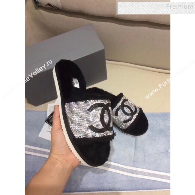 Chanel Fringe CC Crystal and Wool Flat Slide Sandals Black 2019 (KQN-9090304)