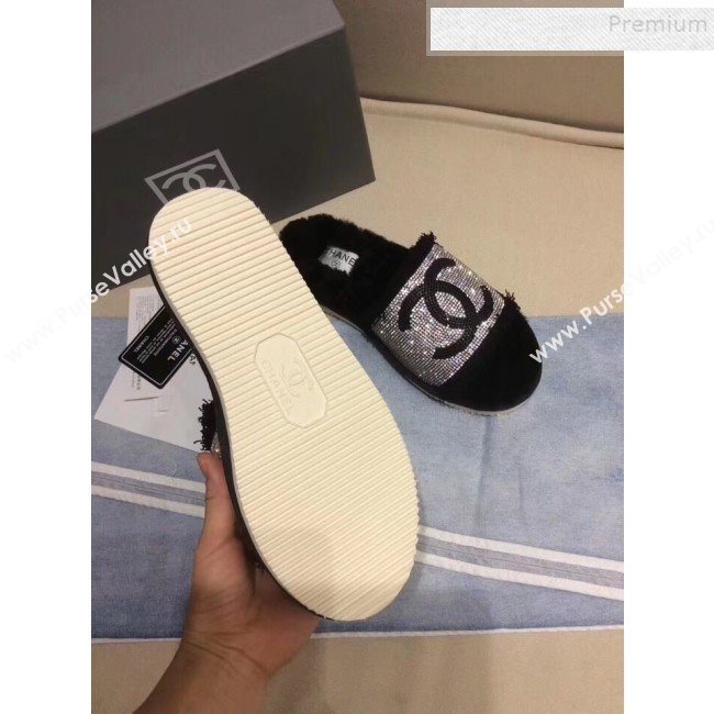 Chanel Fringe CC Crystal and Wool Flat Slide Sandals Black 2019 (KQN-9090304)