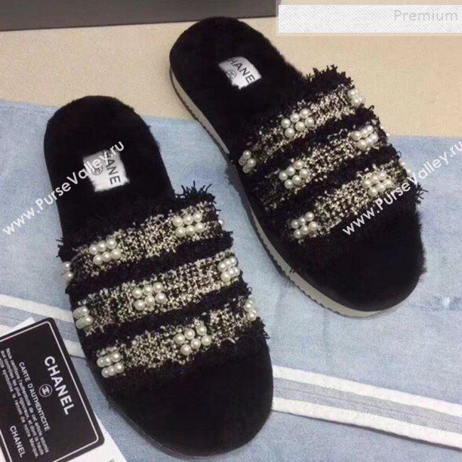 Chanel Fringe Pearl Fabric and Wool Flat Slide Sandals Black 2019 (KQN-9090306)