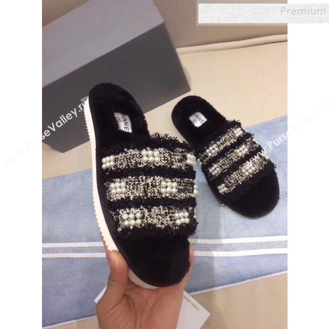 Chanel Fringe Pearl Fabric and Wool Flat Slide Sandals Black 2019 (KQN-9090306)