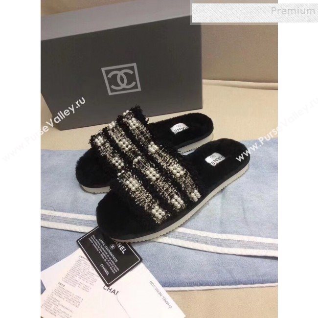 Chanel Fringe Pearl Fabric and Wool Flat Slide Sandals Black 2019 (KQN-9090306)