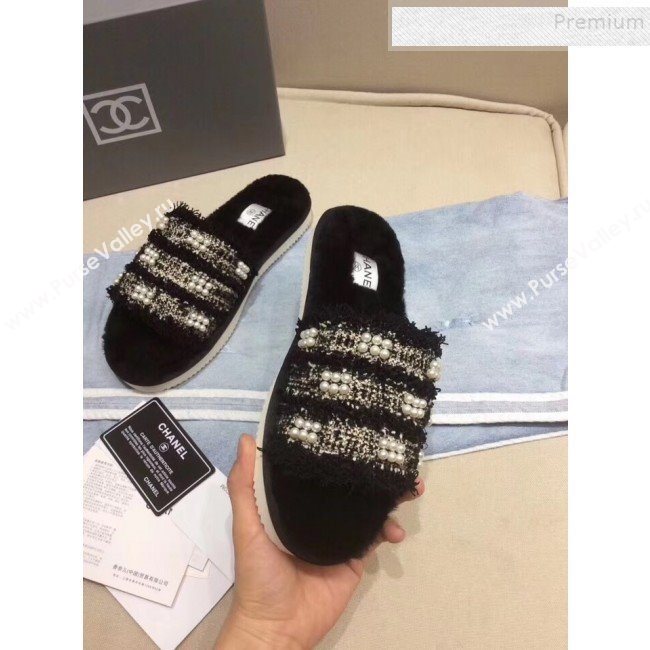 Chanel Fringe Pearl Fabric and Wool Flat Slide Sandals Black 2019 (KQN-9090306)