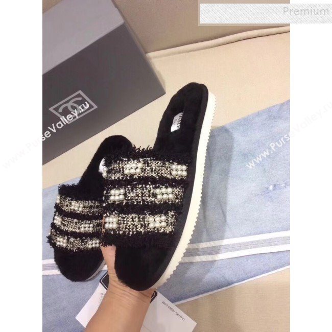 Chanel Fringe Pearl Fabric and Wool Flat Slide Sandals Black 2019 (KQN-9090306)