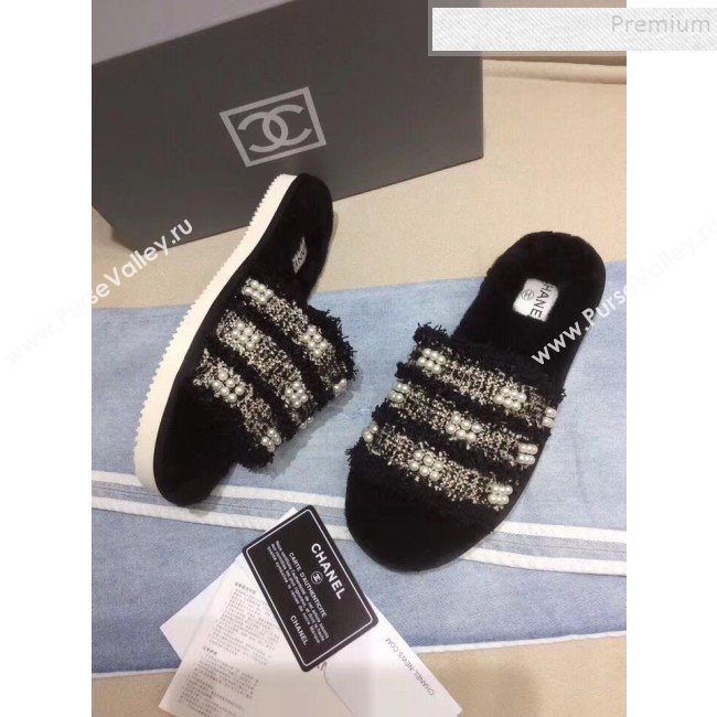 Chanel Fringe Pearl Fabric and Wool Flat Slide Sandals Black 2019 (KQN-9090306)