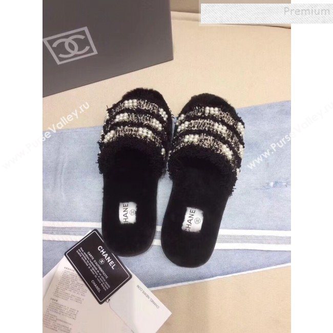 Chanel Fringe Pearl Fabric and Wool Flat Slide Sandals Black 2019 (KQN-9090306)