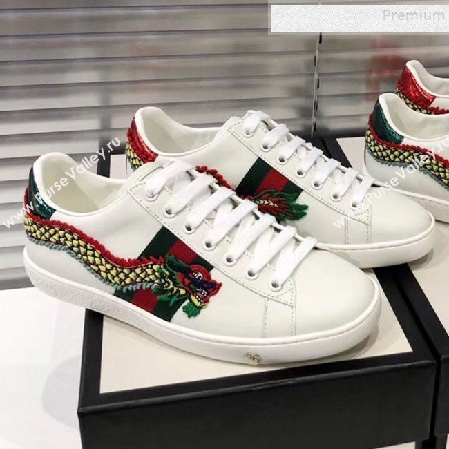 Gucci Ace Sneakers with Dragon Patch White 2019 (For Women and Men) (5000-9090343)