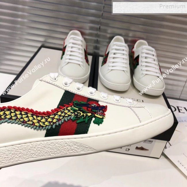 Gucci Ace Sneakers with Dragon Patch White 2019 (For Women and Men) (5000-9090343)