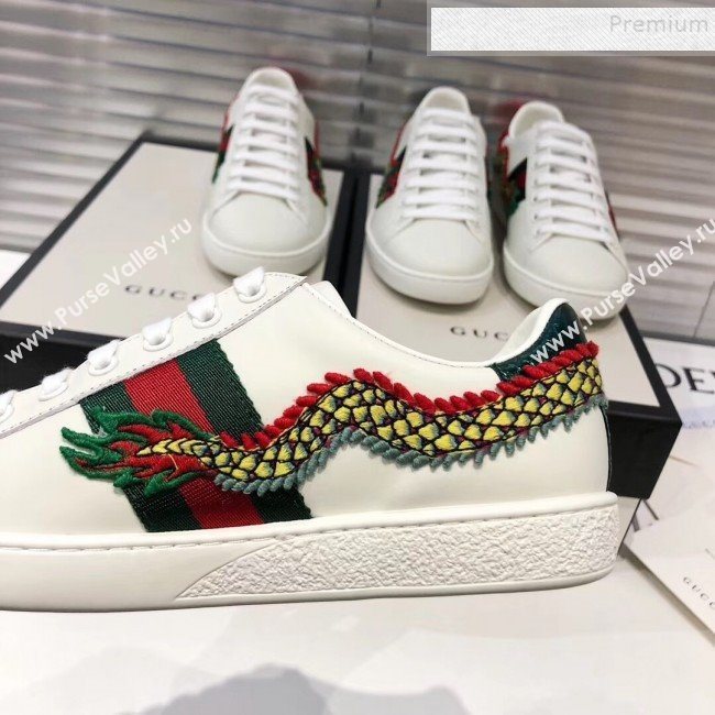 Gucci Ace Sneakers with Dragon Patch White 2019 (For Women and Men) (5000-9090343)
