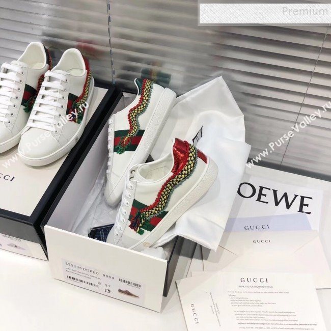 Gucci Ace Sneakers with Dragon Patch White 2019 (For Women and Men) (5000-9090343)