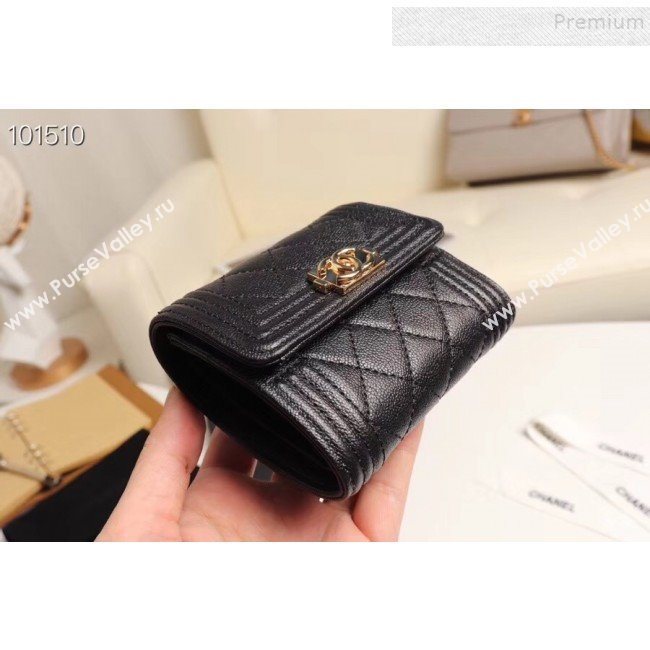 Chanel Quilted Grained Calfskin Boy Small Flap Wallet A81996 Black 2019 (XGZ-9090618)