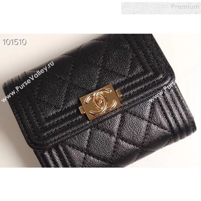 Chanel Quilted Grained Calfskin Boy Small Flap Wallet A81996 Black 2019 (XGZ-9090618)