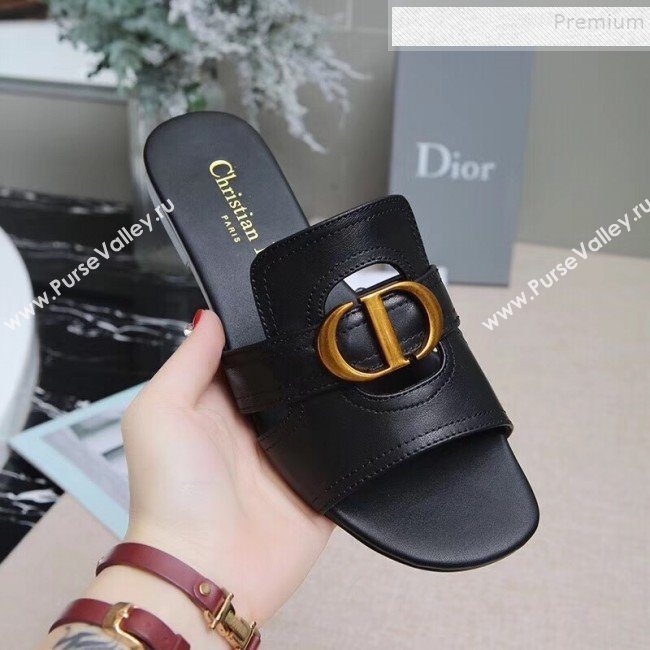 Dior Calfskin Logo Charm Flat Slide Sandals Black 2019 (MD-9090316)