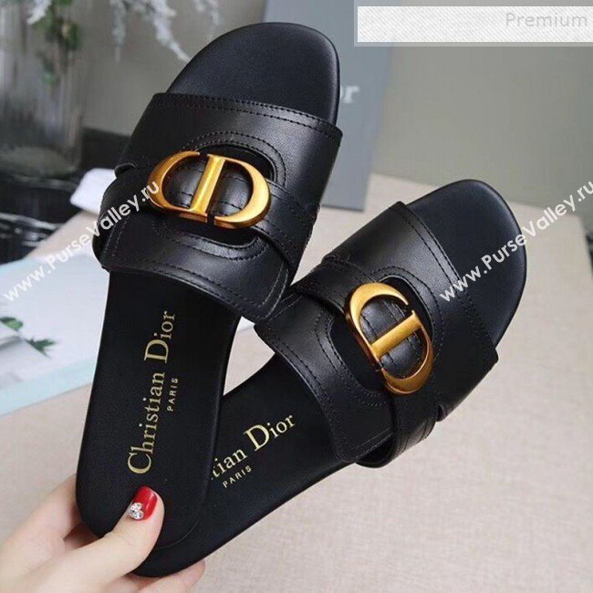 Dior Calfskin Logo Charm Flat Slide Sandals Black 2019 (MD-9090316)
