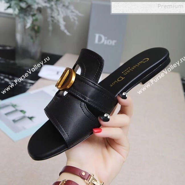 Dior Calfskin Logo Charm Flat Slide Sandals Black 2019 (MD-9090316)