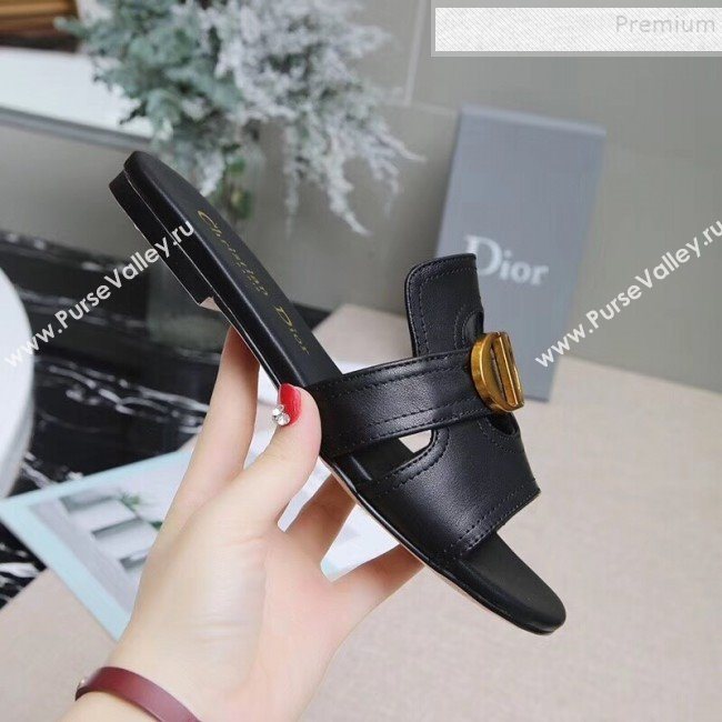 Dior Calfskin Logo Charm Flat Slide Sandals Black 2019 (MD-9090316)