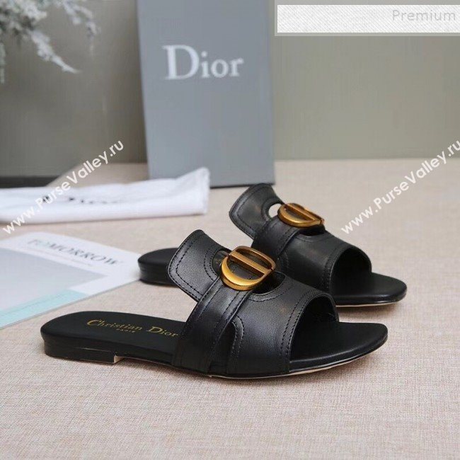 Dior Calfskin Logo Charm Flat Slide Sandals Black 2019 (MD-9090316)