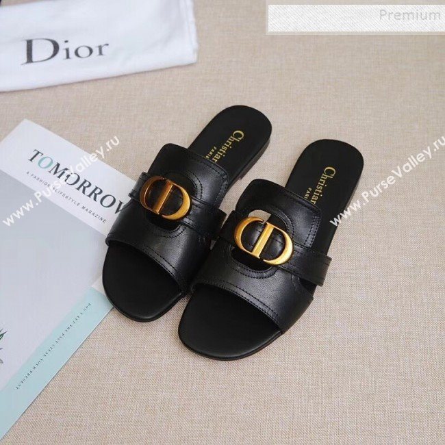 Dior Calfskin Logo Charm Flat Slide Sandals Black 2019 (MD-9090316)