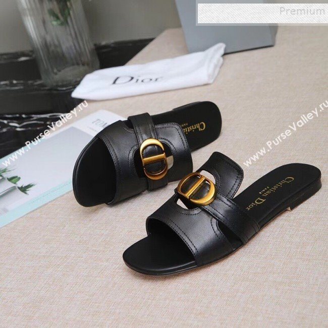 Dior Calfskin Logo Charm Flat Slide Sandals Black 2019 (MD-9090316)