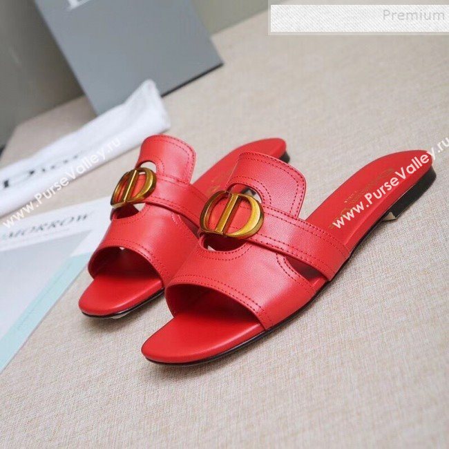 Dior Calfskin Logo Charm Flat Slide Sandals Red 2019 (MD-9090317)