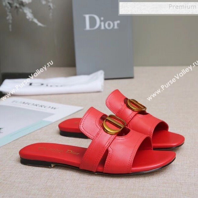 Dior Calfskin Logo Charm Flat Slide Sandals Red 2019 (MD-9090317)