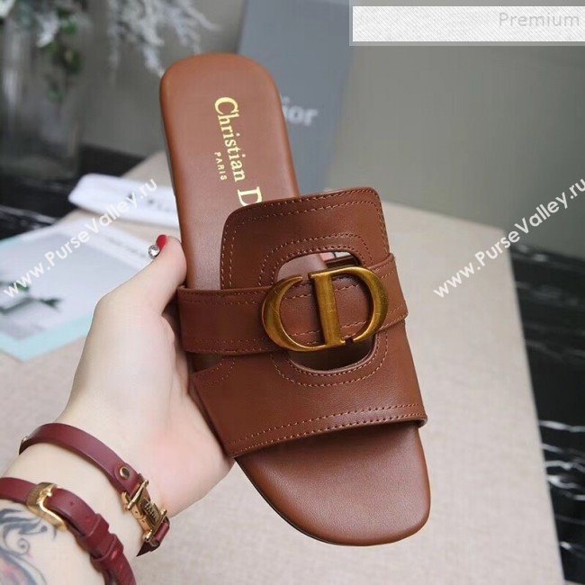 Dior Calfskin Logo Charm Flat Slide Sandals Brown 2019 (MD-9090319)