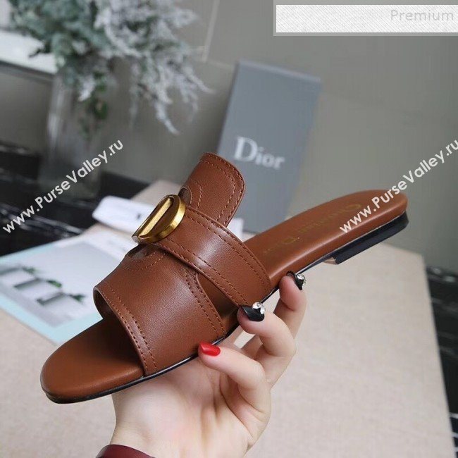 Dior Calfskin Logo Charm Flat Slide Sandals Brown 2019 (MD-9090319)