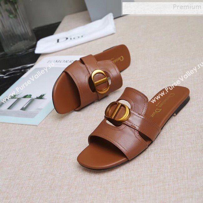 Dior Calfskin Logo Charm Flat Slide Sandals Brown 2019 (MD-9090319)