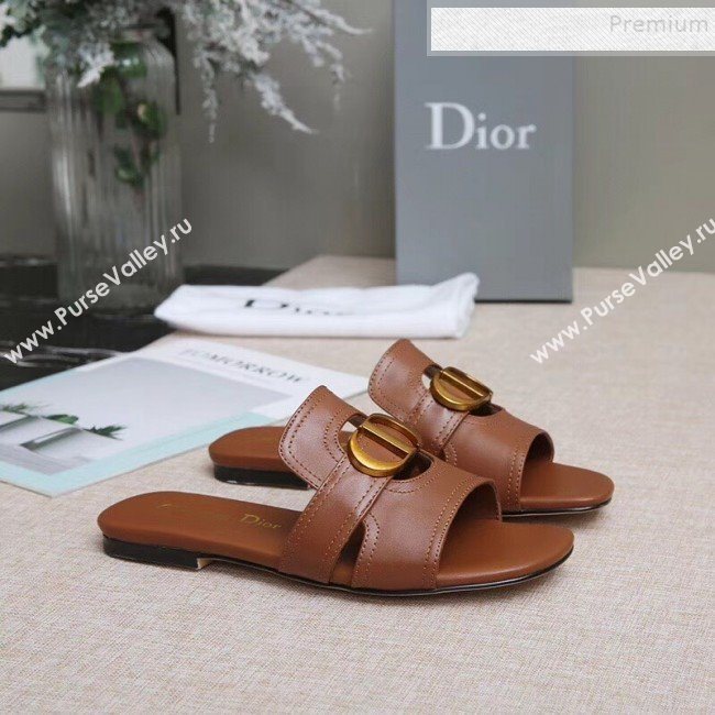 Dior Calfskin Logo Charm Flat Slide Sandals Brown 2019 (MD-9090319)