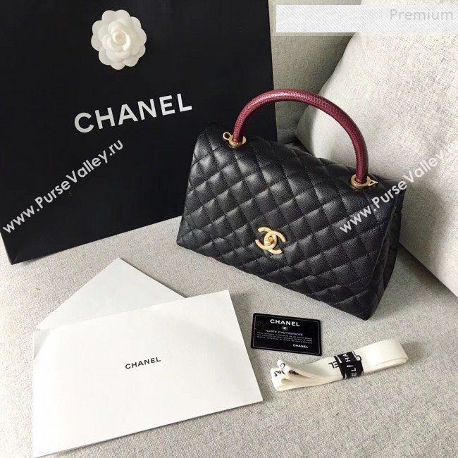 Chanel Grained Calfskin Medium Coco Flap Bag With Lizard Leather Top Handle Black (Top Quality)) (SY-9091171)