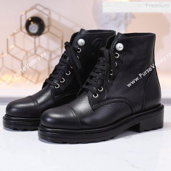 Chanel Calfskin Pearl Lace-up Short Boots Black 2019 (DLY-9091117)